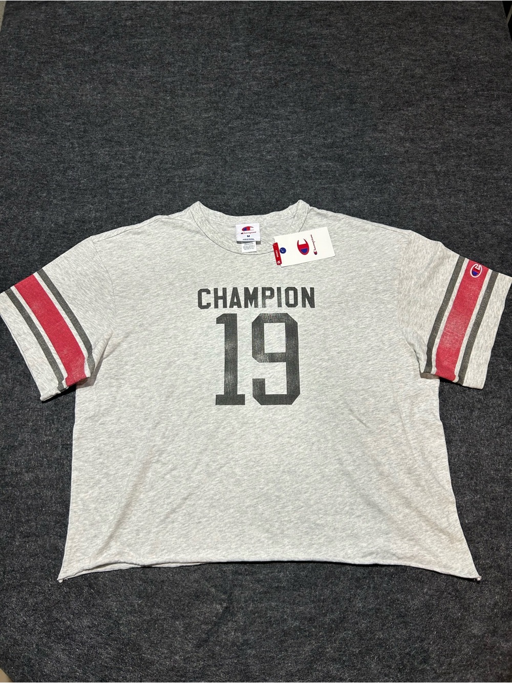 Champion Women’s Gray Cropped Tee with Red Stripe Sleeves Loose Fit